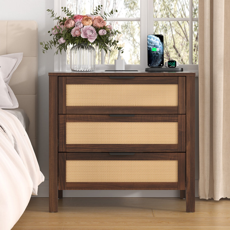 3-Drawer Boho Nightstand With Power Outlet, Brown