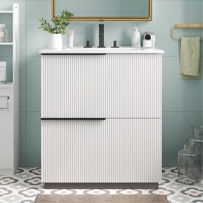 Meuble-lavabo de 30 po avec lavabo en céramique et tiroirs pleine extension, glissières de tiroir encastrées à fermeture en douceur, conception cannelée, blanc