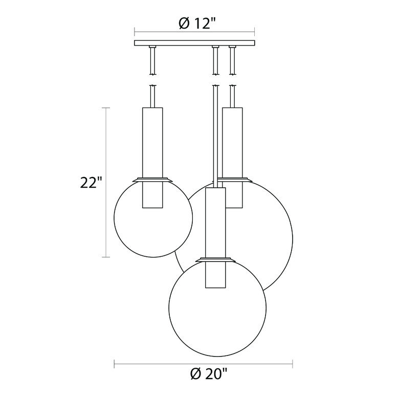Mansbury 3 - Light Cluster Pendant, Satin Brass, 22" H x 20" W x 20" D