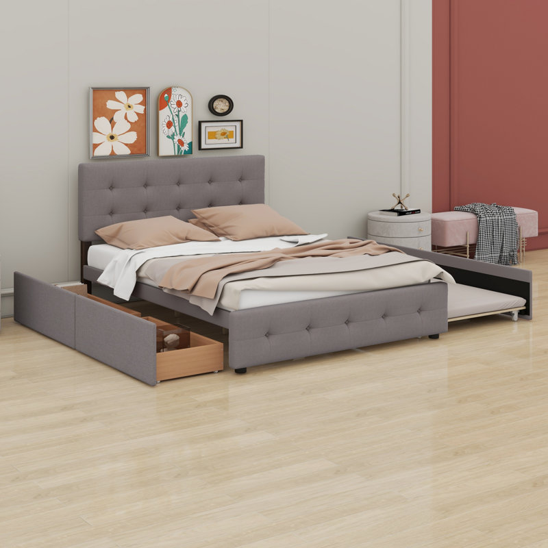 Cadre de lit plateforme tapissier Minimalist avec tiroirs de rangement et lit gigogne, Light Gray