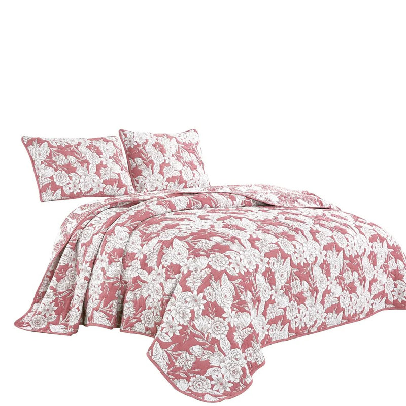 Ensemble de courtepointe 3 pièces rose et blanc, Courtepointe très grand et 2 très grandes taies