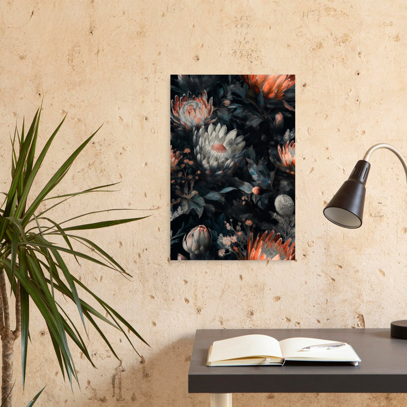 Dark Protea Blooms Dramatic Elegant Vintage Nature Tropical Wall Art Print, 60.96cm H x 40.64cm W