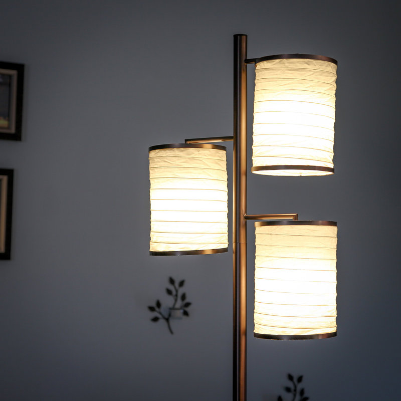 Liam 74 in. Mid-Century Modern 3-Light LED Floor Lamp with Fabric Drum Shades, Bronze
