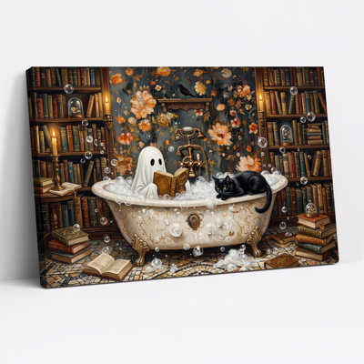 Fantôme et chat noir lisant un livre dans une baignoire, art mural d'Halloween sur toile