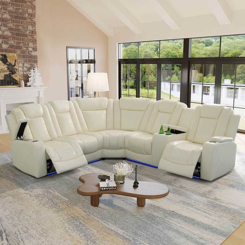 184.5" Off-White Top-Grain Leather 3-Piece Sectional Sofa