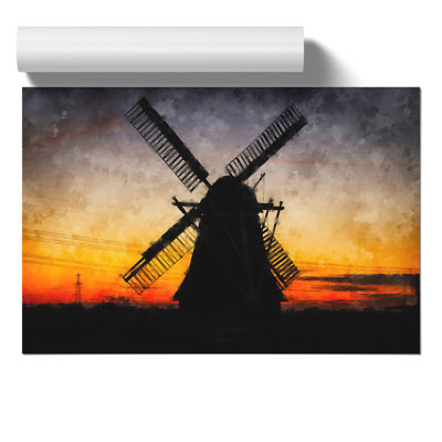 Windmill at Sunset Painting - Frameless Print