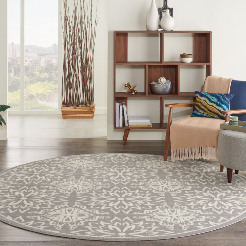 Tapis floral ivoire / gris Yurig, Rond 5 pi 3 po