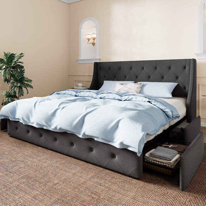 Brij Upholstered Wingback Storage Bed, Dark Gray, King