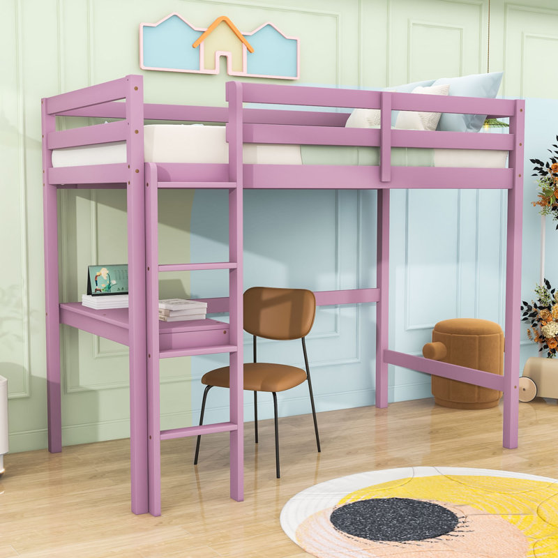 Lit mezzanine simple en bois avec échelle, bureau et lattes, Rose