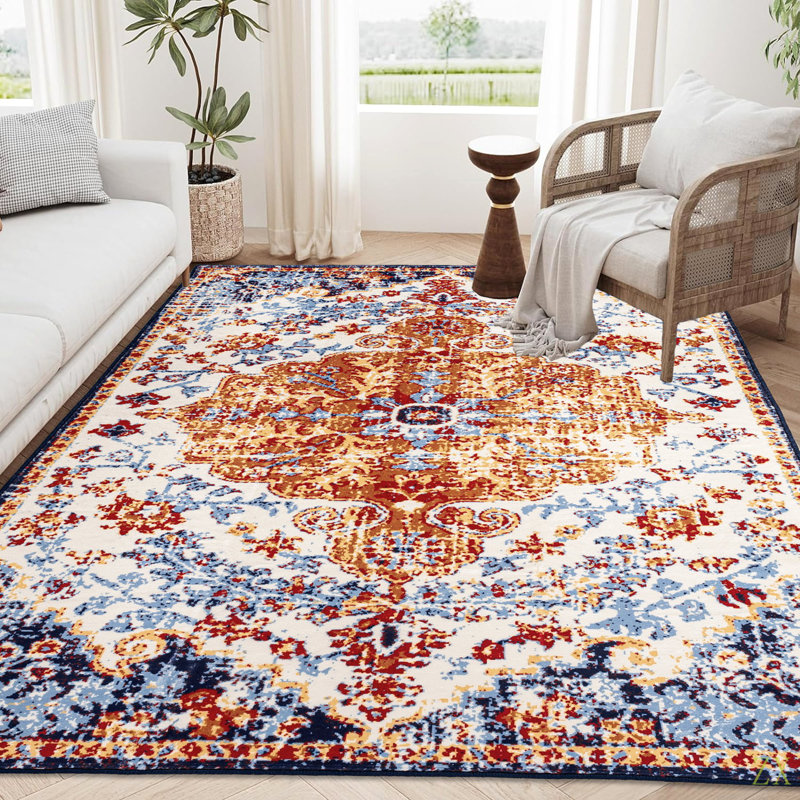 Area Rug 6X9 Vintage Bohemia Large Persian Non-Slip Washable Rug For Living Room Kitchen Bedroom Living Room Flower Design