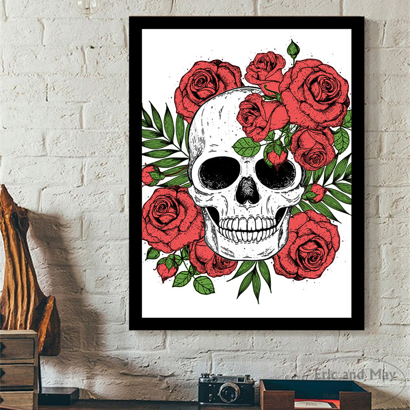 " Skull With Roses Line Art "