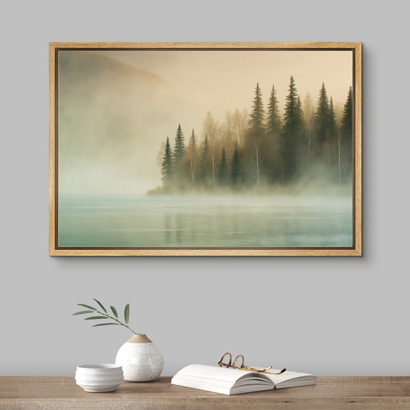 «Misty Forest Lake with Evergreen Trees and Soft Morning Light», reproduction d'art sur toile encadrée