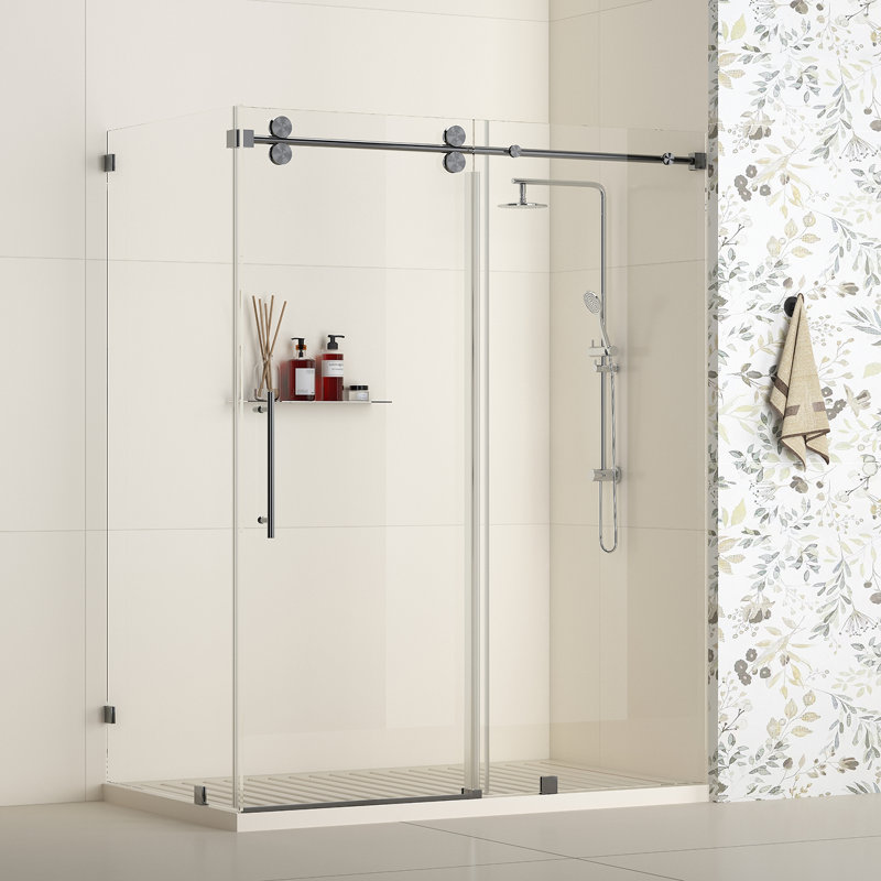 Radiance 54 In. W X 38 In. D X 76 In. H Sliding Frameless Corner Shower Enclosure With Clear Glass, Brushed Nickel