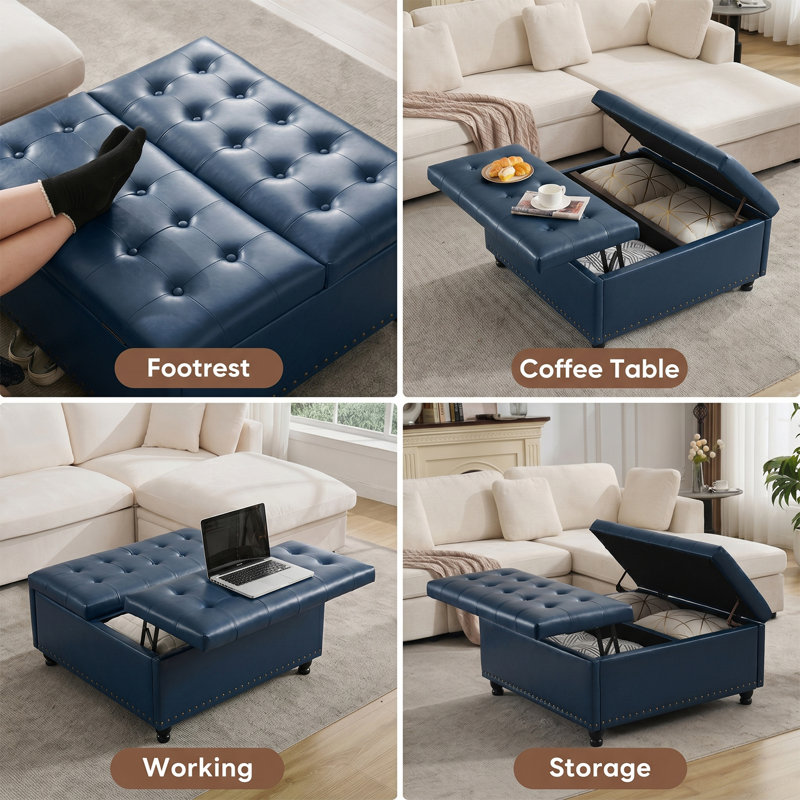 Delmontez 35.5'' Upholstered Storage Square Ottoman, Royal Blue Faux Leather