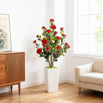 4 FT Artificial Bushes with Camellia Flowers for Outdoors, Faux Plants Fall Trees Outdoor Fake Plants in Pots,  Tree with Fall Flowers for Autumn Home Porch Front Door Indoor Outside Decor