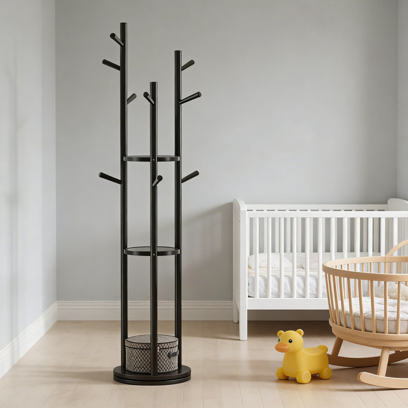Solid Wood Rotating Coat Rack With 3 Shelves And 9 Hooks, Freestanding Heavy Duty Coat Tree For Entryway, Bedroom, Living Room, Organizer For Coats, Bags, And Scarves