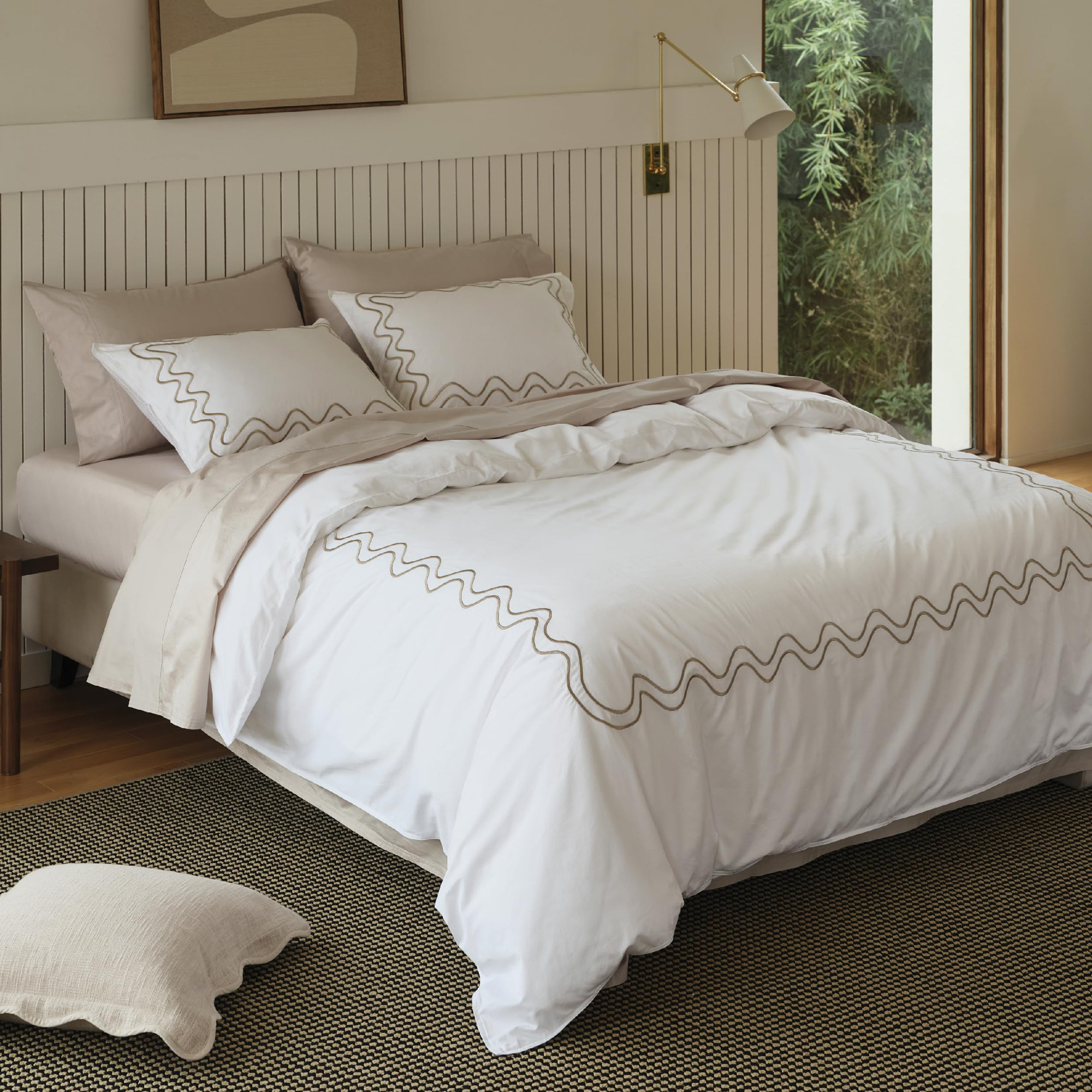 Double Stitch Supima Cotton Duvet Cover Set - 100% American Grown Cotton Embroidery Duvet Cover, Luxury 600 Thread Count Sateen Weave, Hotel Quality Bedding Set