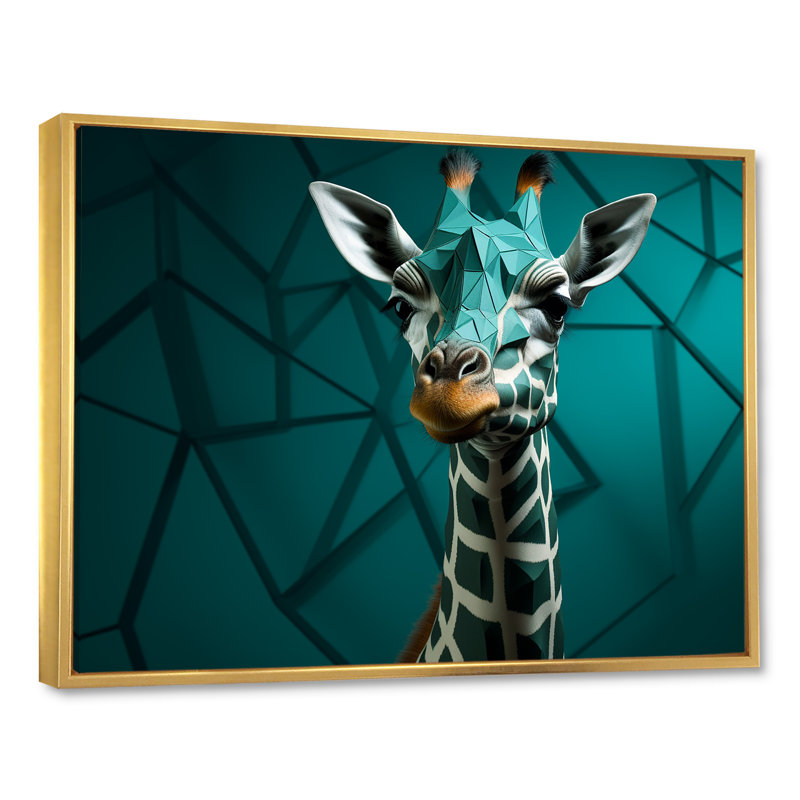 Girafe verte cubiste Grace II, Cadre flottant doré, H 30 po x l 40 po x P 1,5 po