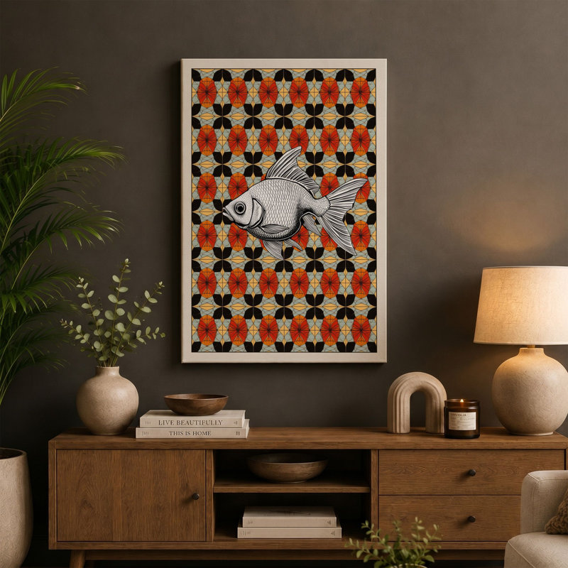 Fish in Ornament Eclectic - Wrapped Canvas, 36x24 - 91.4 x 61.0 cm, Terracotta Border