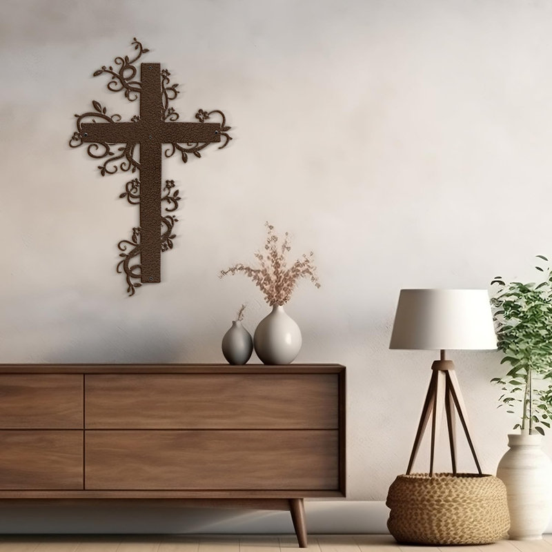 Décoration florale en croix de vigne florale décoration murale abstraite moderne, H 24 po x l 15,19 po x P 0,05 po, Brun