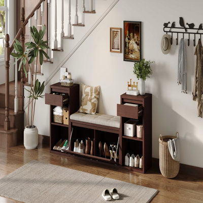 All-In-One Entryway Storage Bench With Cushion And Drawers for Hallway Mudroom - Espresso