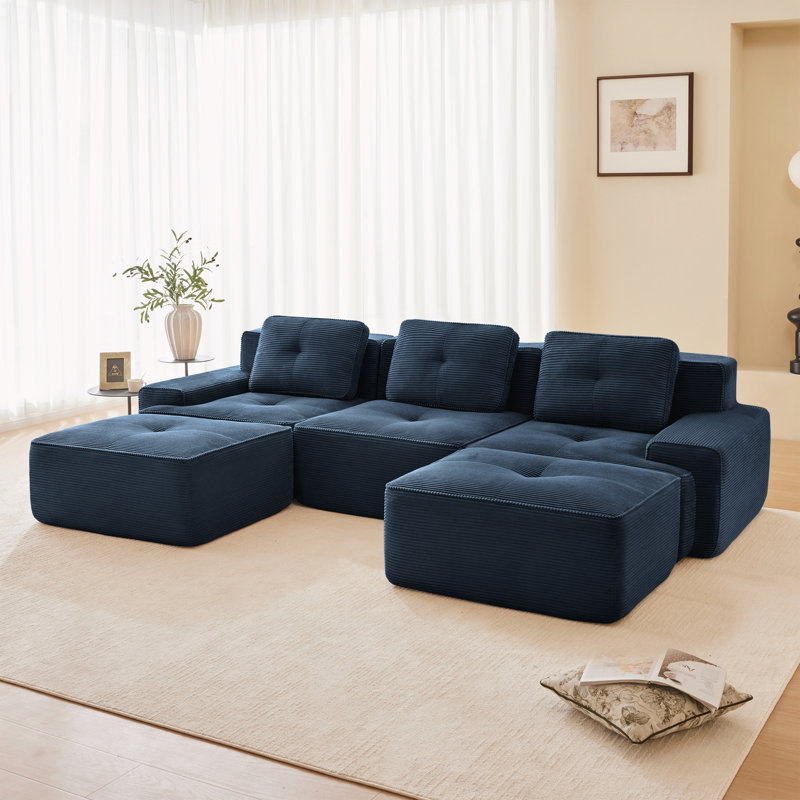 Canapé modulaire en U pour salon, Velours côtelé bleu