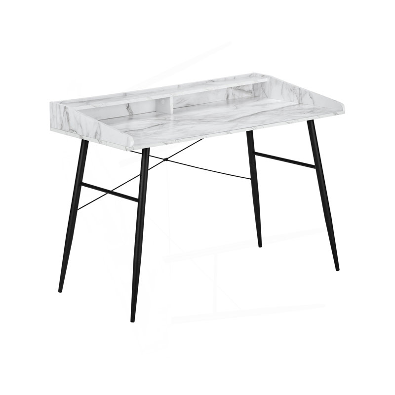 Computer Desk, Home Office, Laptop, Storage Shelves, 48"L, Work, White Marble Look Laminate, Black Metal, Contemporary, Modern