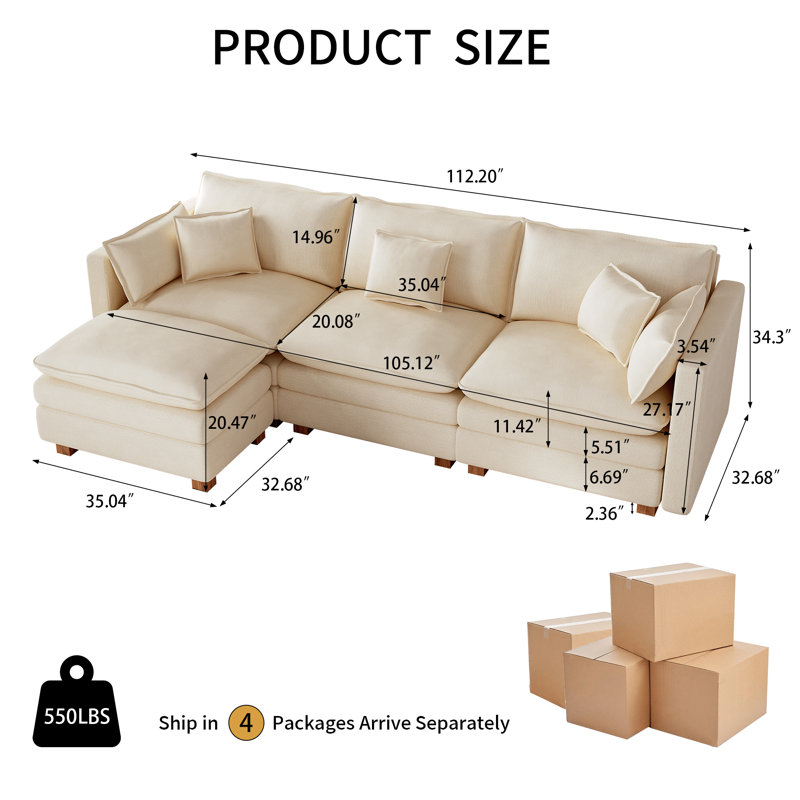 112.2" Chenille Upholstered Sofa with Ottoman, Cloud-Like Modular Sectional Couch with Wooden Legs, Beige