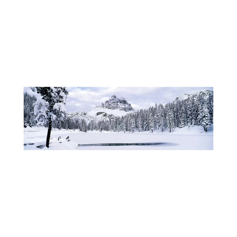 Trees Along A Frozen Lake, Lake Antorno, Tre Cime Di Lavaredo, Dolomites, Cadore, Province Of Belluno, Veneto, Italy - Wrapped Canvas Panoramic Print