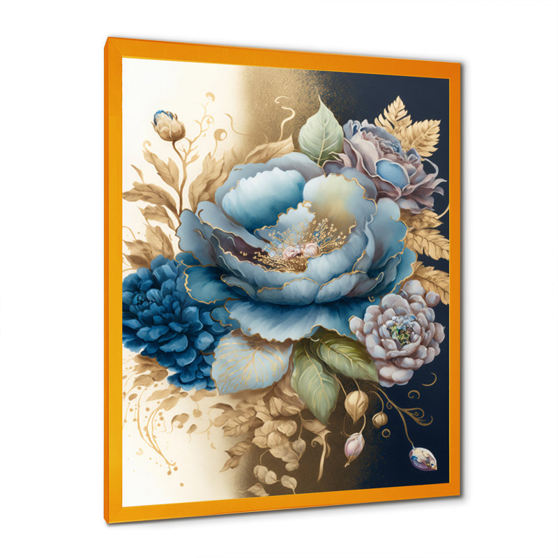 «Blue and Gold Mixed Floral Bouquet III», reproduction sur toile, Toile encadrée dorée avec coins fermés