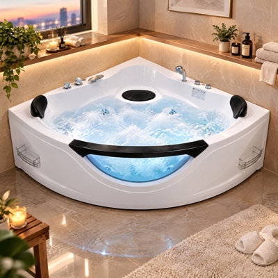 59" 2 Person Corner Whirlpool Bathtub with Hydrotherapy Jets and LED Light