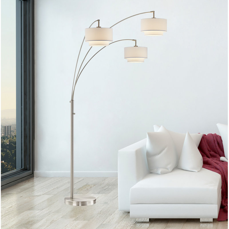 Lampe sur pied arquée 80 lumières DEL avec double abat-jour Lumiere III, Nickel satiné, Blanc cassé
