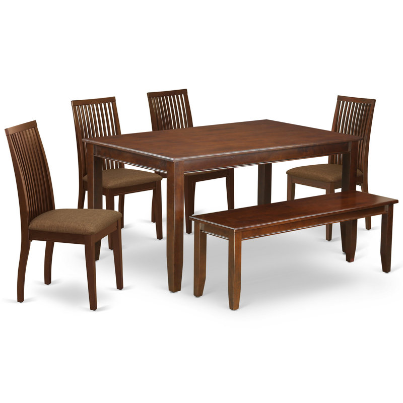 L'ensemble de table de cuisine 6 pièces contient une table de salle à manger rectangulaire et 4 chaises de salle à manger en tissu de lin avec un banc, acajou