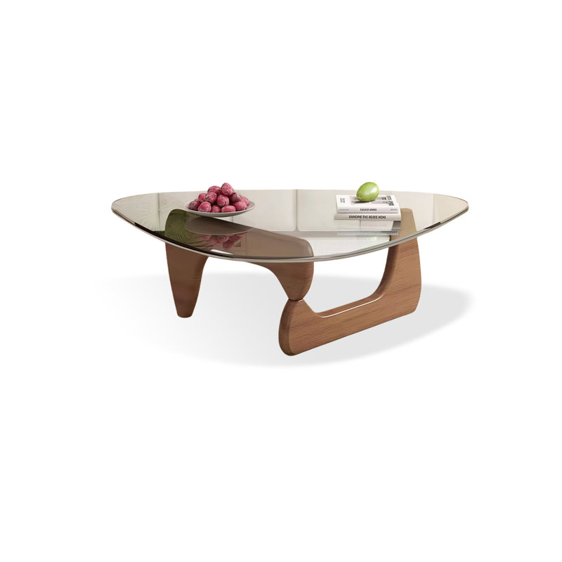 Table basse irrégulière avec plateau en verre noir et base en bois massif, Plateau transparent / base noyer