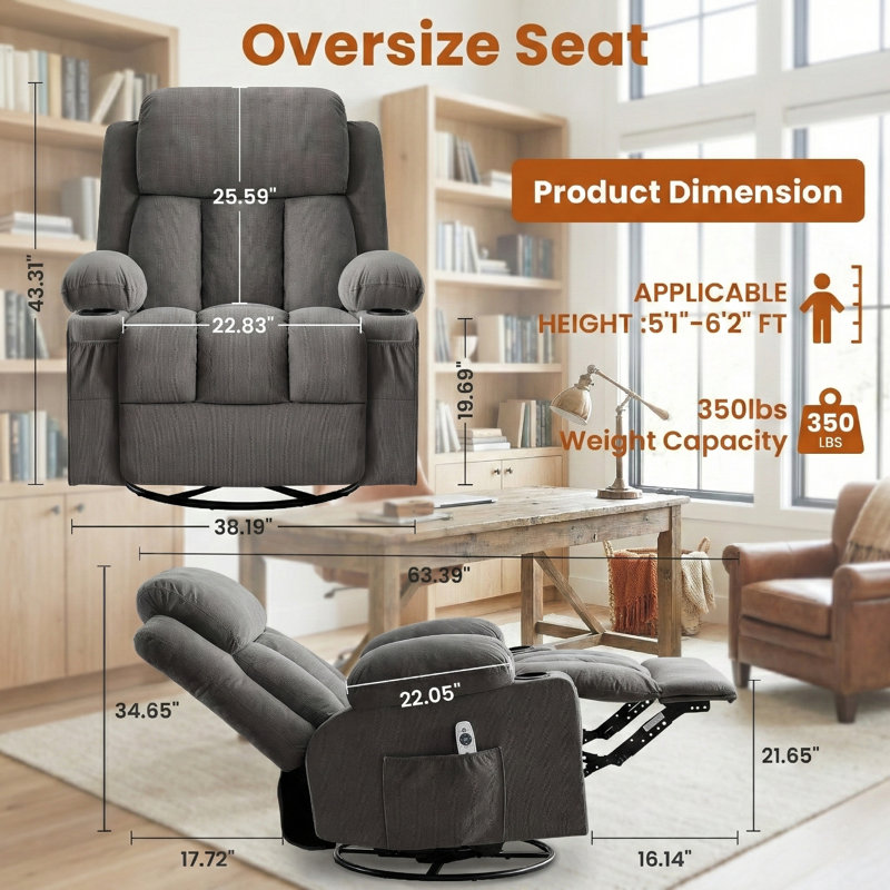 Fauteuil inclinable surdimensionné avec chaleur et massage, Gris