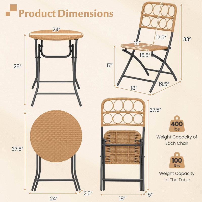 3 PCS Patio Bistro Set with Wicker Seat & Tabletop for Backyard, Garden, Balcony