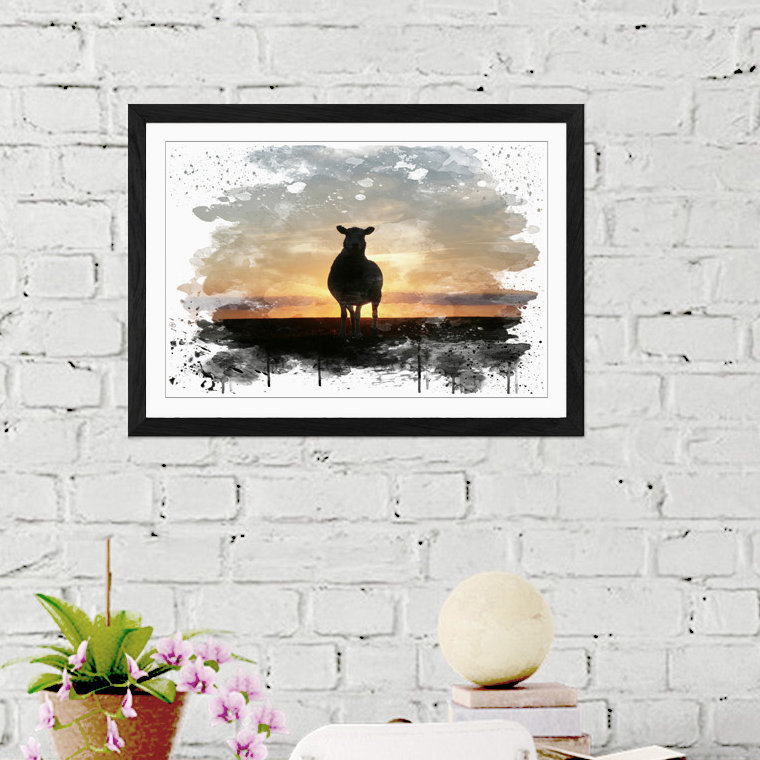 Sunset and Sheep - Wall Art, 45cm H x 62cm W, Framed Picture