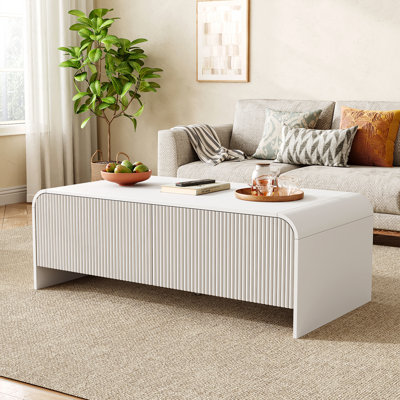 47.2” Curved Coffee Table With 2 Drawers, Fluted Center Table For Living Room