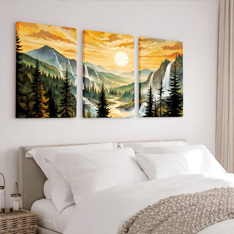 Ensemble de 3 tableaux sur toile représentant un coucher de soleil sur un paysage de montagne, 2436