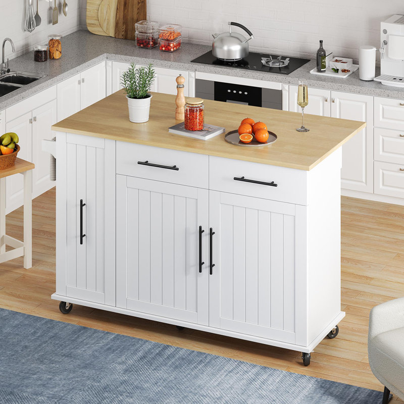 Kitchen Island With 2 Drawers And 2 Doors White, White