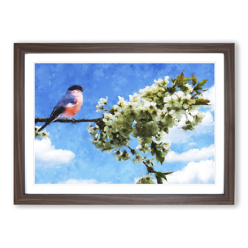 Bullfinch Bird on a Tree - Picture Frame Painting, 27cm H x 36cm W x 2cm D, Walnut Framed
