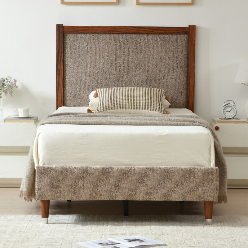 Lit plateforme en bois avec base rembourrée, Café, Twin