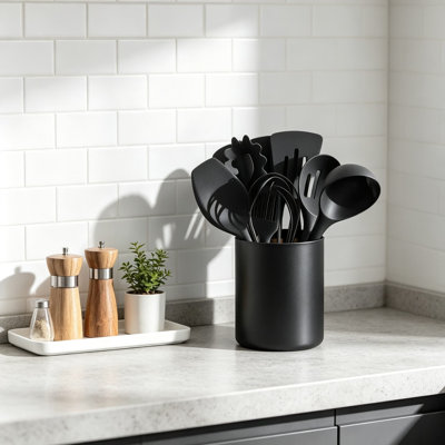 Matte Black Ceramic Kitchen Utensil Holder for Countertop, Large Sturdy Cooking Utensil Crock with Farmhouse Charm, Easy to Clean Spatula and Spoon Organizer