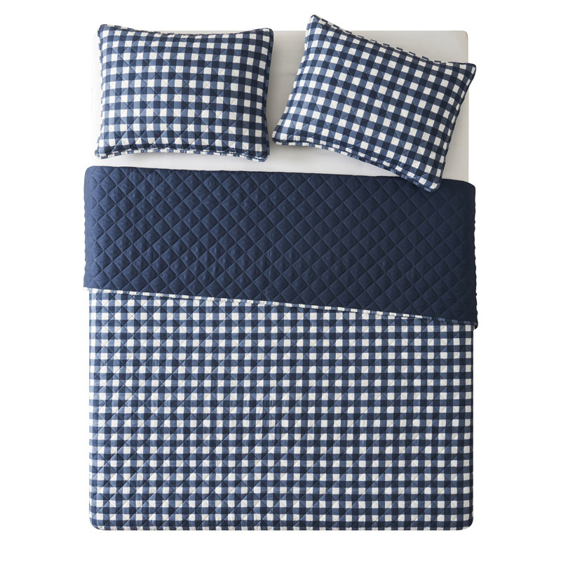 VCNY Home Gingham Microfiber Quilt Set, King Quilt + 2 King Shams, Navy