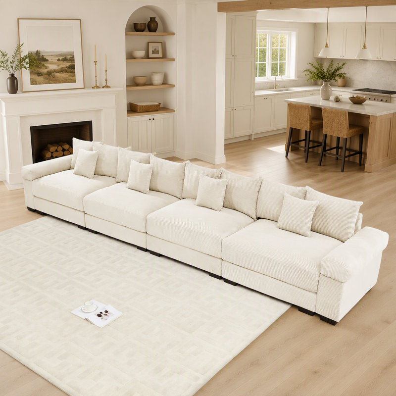 Canapé d'angle modulaire Cloud surdimensionné de 432 cm (170 pouces), velours côtelé de qualité supérieure, accoudoirs extra-épais, coussins à haute résilience, 12 coussins décoratifs, design ergonomique, montage facile, couleur crème
