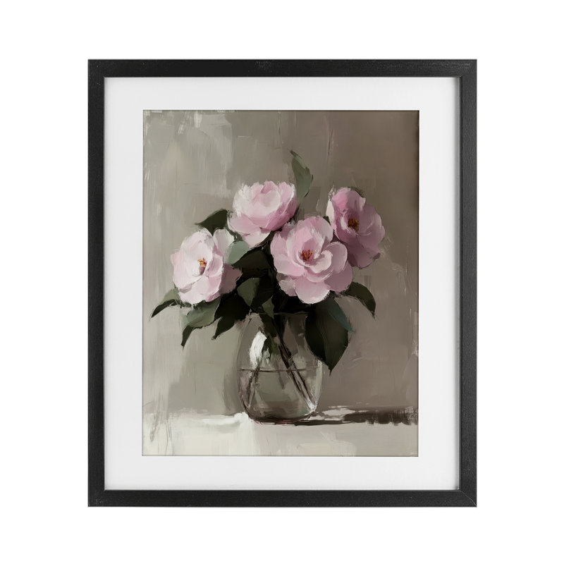 «Painted Pink Floral Bouquet», reproduction imprimée sous verre, par Petal Prints Design, Cadre noir minuit
