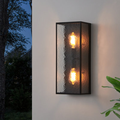 2‑light Outdoor Wall Lantern With Hammered Stone‑pattern Glass & Black Metal Frame