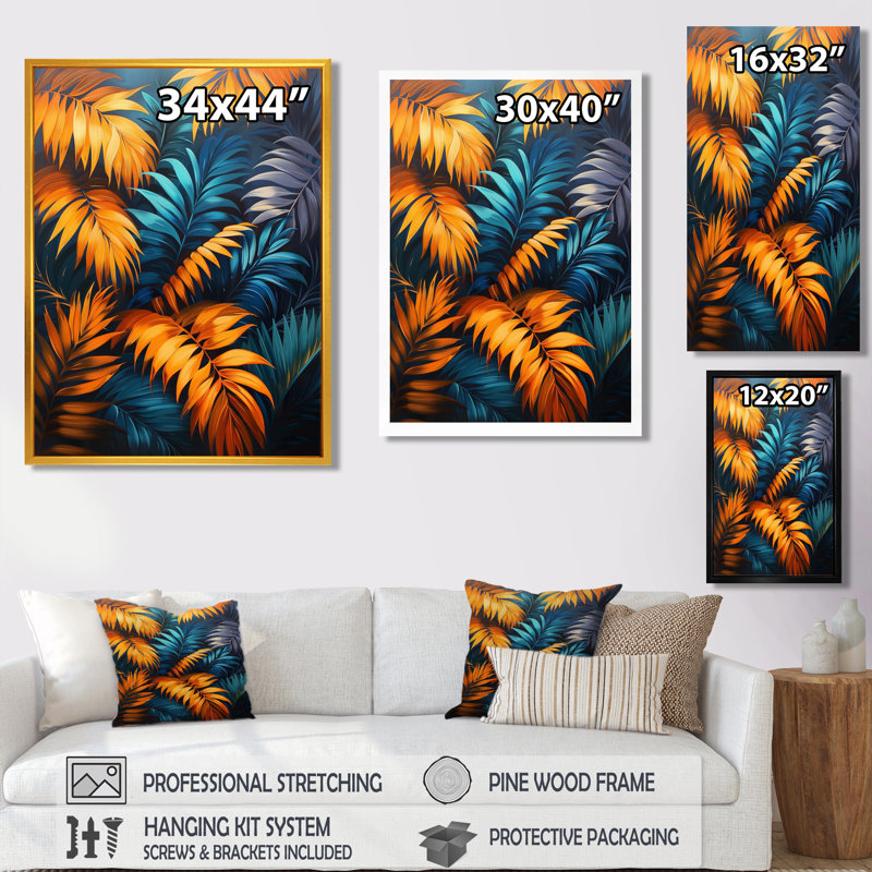Décoration murale orange, vert et feuilles de palmier - palmiers et palmiers, Cadre flottant blanc, H 12 po x l 20 po