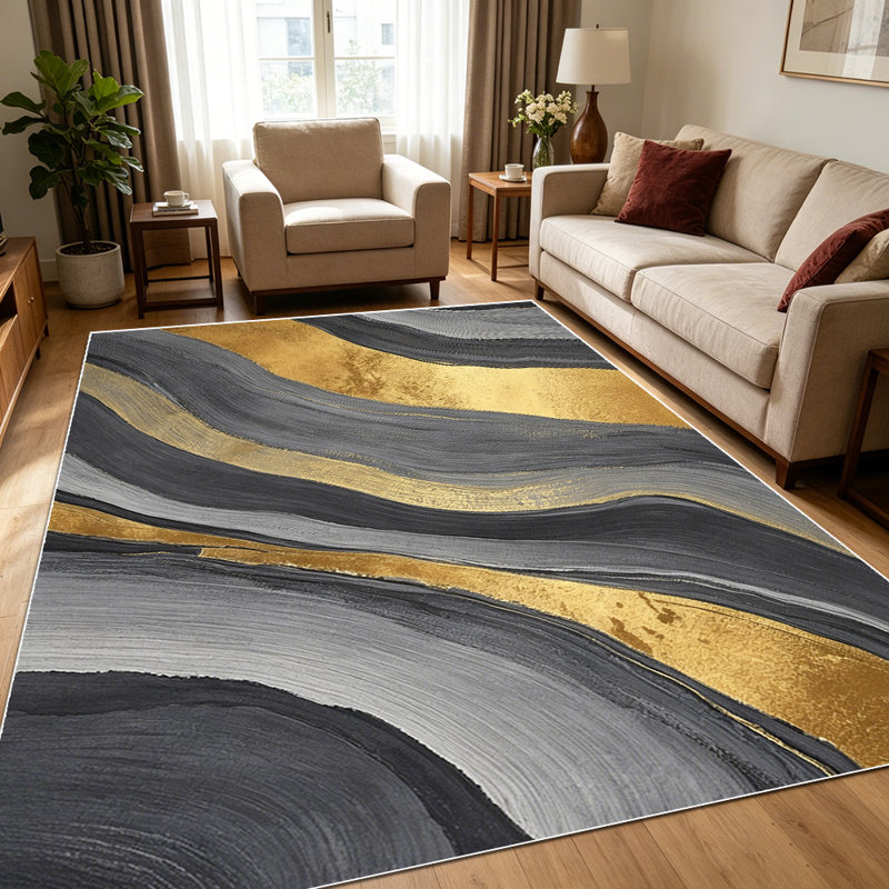 1PC Abstract Wavy Gray and Gold Foil Marble area rugs for Living Room, Soft and Comfortable, Suitable for all seasons, easy-to-maintain, machine washable Indoor floor mat, Under Table Farmhouse suitable for dining room, bedroom, entryway, home