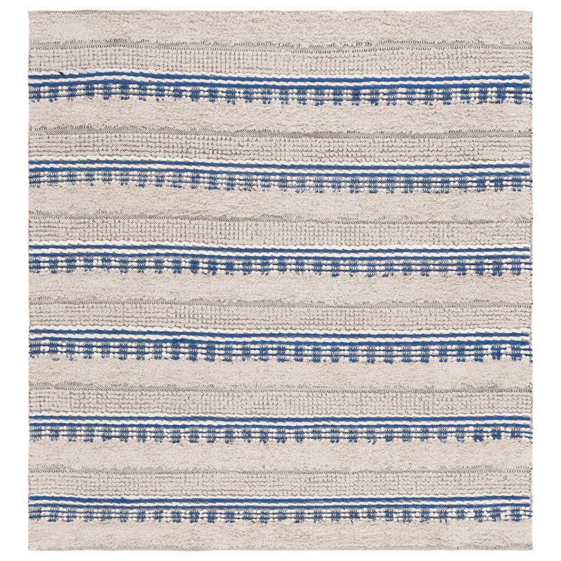 Tapis rayé beige / bleu en coton tissé à la main Endri, Carré 6 pi